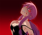  1girl bare_shoulders blood bow breasts cleavage crazy gasai_yuno glowing glowing_eyes gradient gradient_background grin hair_bow hayashi_custom head_tilt long_hair mirai_nikki pink_hair purple_hair red_eyes smile solo strap_slip yandere 