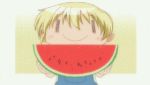  1girl animated animated_gif blonde_hair eating food fruit hidamari_sketch lowres miyako screencap solo watermelon wide_face ||_|| 