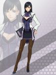  1girl black_hair blue_eyes blue_shoes border_break breasts cleavage clipboard daglasses full_body hand_on_hip headset hexagon high_heels highres hips holding honeycomb_background honeycomb_pattern long_hair original pantyhose solo zoom_layer 