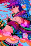  1boy absurdres bare_shoulders blue_hair bola_(weapon) colorful gradient_hair highres jojo_no_kimyou_na_bouken joseph_joestar_(young) midriff multicolored_hair pink_hair purple_hair scarf solo tariah_furlow watch 