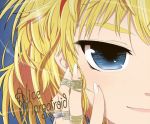  1girl alice_margatroid blonde_hair blue_background blue_eyes character_name eyebrows eyelashes fingernails glint headband jewelry light_smile looking_at_viewer macross macross_frontier parody ring solo star string touhou 