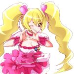  1girl blonde_hair bow breasts choker cleavage cure_peach dress earrings eyelashes fresh_precure! frilled_dress frills hair_ornament heart heart_hair_ornament heart_hands jewelry large_breasts long_hair magical_girl momozono_love naso4 one_eye_closed pink_bow pink_eyes precure puffy_short_sleeves puffy_sleeves short_sleeves twintails very_long_hair white_background wink wrist_cuffs 