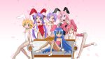  6+girls animal_ears bad_id bad_proportions bare_shoulders blonde_hair blue_eyes blue_hair blush breasts bunny_girl bunnysuit cleavage female fishnet_pantyhose fishnets glasses gradient gradient_background green_eyes highres hiiragi_kagami hiiragi_tsukasa izumi_konata kobayakawa_yutaka long_hair lucky_star mizushima_(p201112) multiple_girls pantyhose patricia_martin pink_hair purple_hair redhead short_hair sitting small_breasts smile tail takara_miyuki very_long_hair violet_eyes 