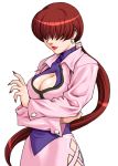  1girl breasts brown_hair cleavage cleavage_cutout earrings hair_over_eyes jewelry king_of_fighters king_of_fighters_neowave large_breasts lipstick long_hair makeup nail_polish nakano_tomokazu official_art ponytail purple_nails shermie snk the_king_of_fighters the_king_of_fighters_neowave 