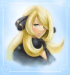  00s 1girl akaneyu_akiiro akny blonde_hair breasts cleavage feather_boa frame fur_trim hair_ornament hair_over_one_eye pokemon pokemon_(game) pokemon_dppt portrait shirona_(pokemon) solo yellow_eyes 