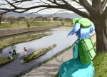  1boy 3girls backpack bag bare_tree blue_hair bridge from_behind hair_bobbles hair_ornament hat inugami_akito kawashiro_nitori multiple_girls path randoseru river road scenery short_hair short_twintails touhou tree twintails water 