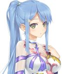  1girl bangs bishoujo_mangekyou blue_hair blush breasts embarrassed gradient_eyes green_eyes hair_ornament hairclip hand_on_own_chest happoubi_jin leotard long_hair looking_at_viewer multicolored_eyes official_art parted_bangs ponytail sawatari_shizuku see-through shiny shiny_clothes sidelocks skin_tight solo transparent_background turtleneck upper_body violet_eyes 