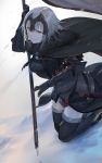  1girl absurdres banner black_legwear dress fate/apocrypha fate_(series) gauntlets grey_hair grin headpiece highres holding jeanne_alter kneeling nuda ruler_(fate/apocrypha) sheath short_hair smile snow solo thigh-highs yellow_eyes 