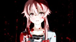  12ko 1girl :o black_background blood blood_on_face blood_splatter blush collarbone gasai_yuno long_hair mirai_nikki open_mouth pink_eyes pink_hair portrait simple_background solo white_background yandere 