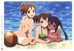  3girls :d absurdres ball beachball bikini black_hair breasts brown_eyes brown_hair casual_one-piece_swimsuit cleavage crossed_arms day hair_ribbon highres hirasawa_ui hug k-on! looking_back medium_breasts multiple_girls nakano_azusa official_art one-piece_swimsuit one_eye_closed open_mouth outdoors pink_eyes ponytail pool poolside ribbon round_teeth short_twintails small_breasts smile suzuki_jun swimsuit tan teeth tiles tsuji_masatoshi twintails v water wet wink 