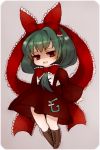  1girl boots bow chibi dress female frills front_ponytail green_hair kagiyama_hina mokomaru open_mouth red_dress red_eyes ribbon smile solo touhou 