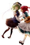  2girls absurdres anthiea black_legwear bow closed_eyes female green_hair hair_bobbles hair_ornament hand_holding hat highres multiple_girls onozuka_komachi pantyhose red_eyes redhead ribbon shiki_eiki short_hair skirt tabi touhou twintails white_background 