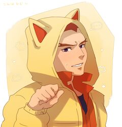  1boy @@@ animal_ears cat_ears coat edward_keddy eyebrows fake_animal_ears hood male_focus paw_pose redhead simple_background solo tiger_&amp;_bunny violet_eyes white_background 