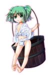  1girl barefoot blush bucket child feet female flat_chest front-tie_top fundoshi green_eyes green_hair hair_bobbles hair_ornament japanese_clothes kisume navel shirt solo tec tied_shirt toes touhou twintails yamakasa 