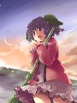  1girl animal_ears bad_id bamboo_broom blush breath broom cold crescent dress female highres kasodani_kyouko moon night nise_nanatsura nisenana open_mouth pink_dress purple_hair short_hair snowing solo star_(sky) touhou upskirt violet_eyes wall 