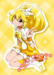  1girl blonde_hair blush boots bow character_name choker copyright_name cure_peace dress earrings hair_ornament jewelry kise_yayoi long_hair magical_girl massala precure sitting skirt smile smile_precure! solo v wariza yellow yellow_background yellow_dress yellow_eyes 