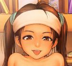  1girl bare_shoulders brown_eyes child female headband long_hair looking_at_viewer lowres portrait rustle scrunchie solo tongue tongue_out twintails 