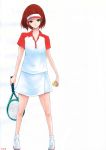  1girl ball brown_hair flying-u original racket simple_background solo sportswear tennis_ball tennis_racket tennis_uniform 