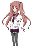  1girl akane_souichi ano_natsu_de_matteru black_legwear brown_eyes brown_hair hair_ribbon pantyhose ribbon school_uniform skirt smile solo twintails white_background yamano_remon 