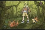  1boy 90s baseball_cap black_hair cyndaquil diichan forest gold_(pokemon) gold_(pokemon)_(classic) hat hoothoot nature oddish paras pokemon pokemon_(creature) pokemon_(game) pokemon_gsc shorts tree 