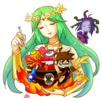  1boy 2girls bare_shoulders choker closed_eyes crown fire goddess green_hair jewelry kid_icarus kid_icarus_uprising long_hair lots_of_jewelry medusa_(kid_icarus) molten_rock multiple_girls palutena pit_(kid_icarus) smile stylus wrist_guards 