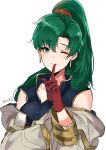  1girl ;) absurdres asymmetrical_bangs bangs bare_shoulders black_vest blush closed_mouth cosplay dotentity earrings eyebrows_visible_through_hair fire_emblem fire_emblem:_rekka_no_ken fire_emblem_heroes gloves green_eyes green_hair high_ponytail highres hood index_finger_raised jewelry lips long_hair long_sleeves looking_at_viewer lyndis_(fire_emblem) off_shoulder one_eye_closed open_clothes ponytail red_gloves shiny shiny_hair simple_background smile solo summoner_(fire_emblem_heroes) twitter_username upper_body vest white_background 