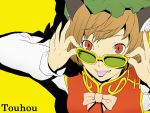  1girl animal_ears atlus bespectacled bow brown_hair cat_ears chen face fangs female flat_color glasses hat looking_at_viewer parody persona persona_4 red_eyes satonaka_chie shadow shirosato short_hair simple_background solo style_parody tongue touhou 