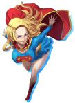  1girl belt blonde_hair blue_eyes boots breasts butcha-u cape dc_comics erect_nipples flying hanging_breasts kara_zor-el kryptonian large_breasts long_hair looking_at_viewer md5_mismatch midriff red_cape red_shoes shirt shoes skirt solo supergirl superman_(series) taut_clothes taut_shirt 