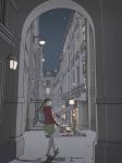  1girl architecture bag city female highres hood hoodie lantern looking_back night night_sky original outdoors perspective ponytail red_hoodie red_shoes restaurant scenery shoes sky solo star takada_katsura walking 
