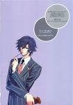  1boy blue_eyes blue_hair carnelian heart highres ichinose_tokiya male_focus necktie pocky school_uniform short_hair simple_background solo striped striped_necktie uta_no_prince-sama 