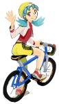  1girl 90s assfruit bicycle blue_hair crystal_(pokemon) hat looking_at_viewer pokemon pokemon_(game) pokemon_gsc sitting smile twintails 