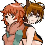  2girls :3 animal_ears antenna_hair arc_system_works back back-to-back bangs bare_shoulders blazblue blazblue:_continuum_shift breasts brown_eyes brown_hair crop_top crossover eito freckles from_side fur_trim hair_ornament hairclip large_breasts light_smile looking_at_viewer lowres makoto_nanaya marvel multicolored_hair multiple_girls parted_lips redhead short_hair sideboob simple_background small_breasts smile squirrel_ears squirrel_girl squirrel_girl_(marvel) squirrel_tail superhero tail trait_connection two-tone_hair upper_body white_background white_hair 