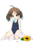  1girl bad_id brown_eyes brown_hair child female flower highres mouth_hold one-piece_swimsuit original popsicle school_swimsuit short_hair sitting solo sunflower swimsuit towel twintails 