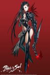  1girl armor black_hair blade_&amp;_soul breasts cleavage copyright_name earrings erect_nipples fishnets full_body hair_over_one_eye high_heels highres jewelry jung-jun_ho lips long_hair medium_breasts navel pauldrons ran_yu_(blade_and_soul) shoes simple_background solo standing sword weapon yuran 