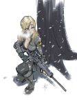  1girl blonde_hair blue_eyes boots breasts cleavage daniel_macgregor elbow_pads female_soldier fingerless_gloves gloves gun jacket knee_pads kneeling long_hair metal_gear_(series) metal_gear_solid military open_clothes open_jacket rifle scope shadow sniper_rifle sniper_wolf snow soldier solo tree trigger_discipline weapon 