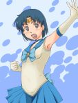  1girl 90s armpits bishoujo_senshi_sailor_moon blue_eyes blue_hair blue_skirt bow circlet earrings elk115 gloves jewelry mizuno_ami open_mouth outstretched_arm sailor_mercury skirt solo white_gloves 