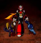  3boys aoiro_no_kaze blonde_hair blood broken capcom crack forte_(rockman) lead_pipe long_hair male_focus multiple_boys pipe robot rockman rockman_(character) rockman_(classic) rockman_x violet_eyes zero_(rockman) 