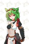  1girl alphes_(style) alternate_costume animal_ears armor blush capcom choker clenched_hand crossover female fishnets green_hair green_nargacuga_(armor) kaoru_(gensou_yuugen-an) kazami_yuuka melynx monster_hunter nargacuga_(armor) navel open_mouth parody red_eyes short_hair solo style_parody touhou youkai 