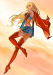  1girl ame-comi ass blonde_hair blue_eyes blue_skirt boots cape clouds crop_top dc_comics detached_sleeves flying halter_top halterneck hendry_prasetya highres kryptonian long_hair midriff miniskirt red_cape red_legwear red_shoes shoes skirt skirt_tug solo sunset supergirl superman_(series) thigh-highs thigh_boots 