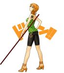  1girl ass bare_arms bike_shorts black_shorts closed_mouth east_blue female full_body green_shirt hand_on_hip high_heel_sandals high_heels hips holding holding_staff jolly_roger looking_back nami_(one_piece) no_socks one_piece open_shoes orange_footwear orange_hair over_shoulder pirate pole polearm sandals shirt shoes shorts simple_background sleeveless sleeveless_shirt solo staff standing suyu38 tank_top tattoo weapon white_background 