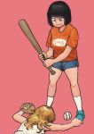  2girls absurdres aqua_footwear bangs baseball baseball_bat baseball_mitt black_hair blonde_hair blue_shorts chanta_(ayatakaoisii) highres holding holding_baseball_bat long_hair multiple_girls orange_shirt original pink_background print_shirt shirt shoes short_hair short_sleeves shorts simple_background sleeveless sleeveless_shirt socks white_legwear white_shirt 