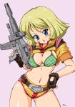  1girl :o belt bikini bikini_top blonde_hair blue_eyes blush breastless_clothes breasts cleavage cropped_jacket fingerless_gloves gloves gun gundam hand_on_hip holding holding_weapon maro-n midriff navel open_mouth plaid plaid_bikini plaid_swimwear sayla_mass shiny shiny_skin short_shorts short_sleeves shorts solo standing swimsuit weapon 