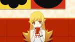  1girl animated animated_gif blonde_hair cup drinking long_hair lowres monogatari_(series) nisemonogatari oshino_shinobu yellow_eyes 