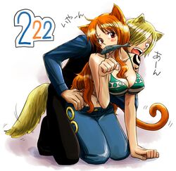  1boy 1girl all_fours animal_ears bikini_top blonde_hair blush blush_stickers breasts cat_ears cat_tail cleavage couple denim dog_ears dog_tail fang fish hair_over_one_eye jeans large_breasts midriff mouth_hold nami_(one_piece) navel one_piece open_mouth orange_hair pants paw_pose red_eyes sanji tail tattoo yamadaenako 