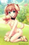  1girl ahoge animal_ears bikini breasts brown_hair cleavage_cutout collar dog_ears dog_tail garden gloves grass green_eyes hair_ribbon heart heart_cutout himukai_kyousuke miono_shizuku muvluv muvluv_alternative panties paw_gloves paws ribbon short_hair side-tie_bikini small_breasts smile solo swimsuit tail underwear 