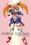  1girl aqua_eyes g_gundam gundam hand_on_hip hips maro-n mecha_musume midriff nobel_gundam orange_hair pink_background simple_background solo v 