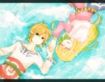  bird blonde_hair blue_eyes bracelet earrings jewelry letterboxed link long_hair lying nintendo pointy_ears princess_zelda smile the_legend_of_zelda the_legend_of_zelda:_skyward_sword water 