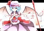  1girl ascot bat_wings blue_hair breasts character_name dawndusk dress female hat hat_ribbon highres letterboxed polearm red_eyes remilia_scarlet ribbon short_hair small_breasts smile solo spear spear_the_gungnir touhou weapon wings 