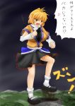  1girl anger_vein angry blonde_hair city dautsen destruction fang female footwear giantess green_eyes highres mizuhashi_parsee open_mouth shoes short_hair skirt socks solo spoken_anger_vein touhou white_legwear 