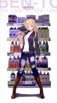  1girl arm_behind_head belt ben-tou blonde_hair blue_eyes boots chef_no_kimagure_salad denim drink glasses highres jacket jeans knee_boots long_hair mikipuruun_no_naegi pants shaga_ayame smile solo torn_clothes torn_jeans violet_eyes 